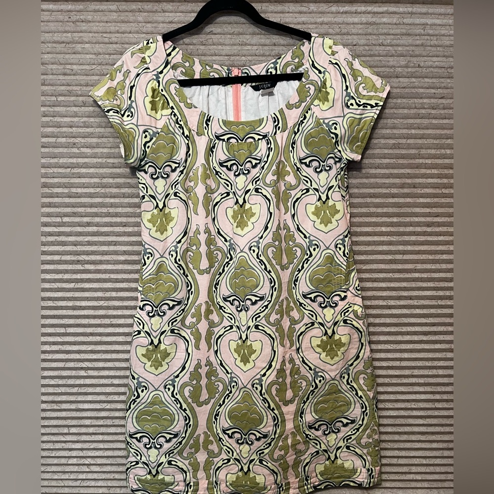 J Crew knee length dress, cotton lining, light green and lavender.